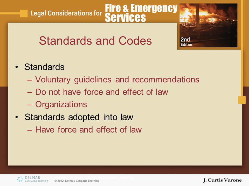 Copyright © 2007 Thomson Delmar Learning Standards and Codes Standards –Voluntary guidelines and recommendations –Do not have force and effect of law –Organizations Standards adopted into law –Have force and effect of law