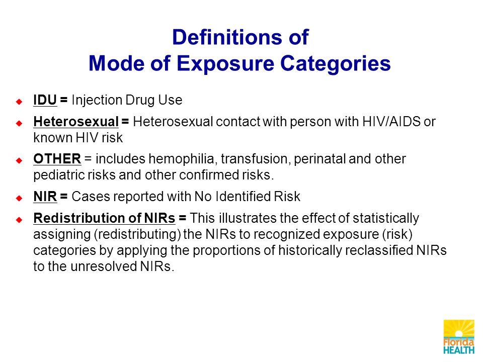 Definitions of Mode of Exposure Categories  IDU = Injection Drug Use  Heterosexual = Heterosexual contact with person with HIV/AIDS or known HIV risk  OTHER = includes hemophilia, transfusion, perinatal and other pediatric risks and other confirmed risks.