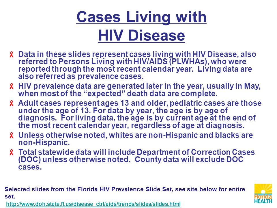 Cases Living with HIV Disease  Data in these slides represent cases living with HIV Disease, also referred to Persons Living with HIV/AIDS (PLWHAs), who were reported through the most recent calendar year.