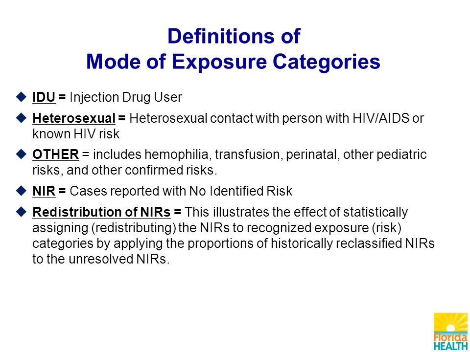 Definitions of Mode of Exposure Categories  IDU = Injection Drug User  Heterosexual = Heterosexual contact with person with HIV/AIDS or known HIV risk  OTHER = includes hemophilia, transfusion, perinatal, other pediatric risks, and other confirmed risks.