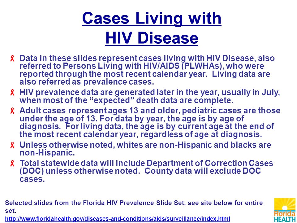 Cases Living with HIV Disease  Data in these slides represent cases living with HIV Disease, also referred to Persons Living with HIV/AIDS (PLWHAs), who were reported through the most recent calendar year.