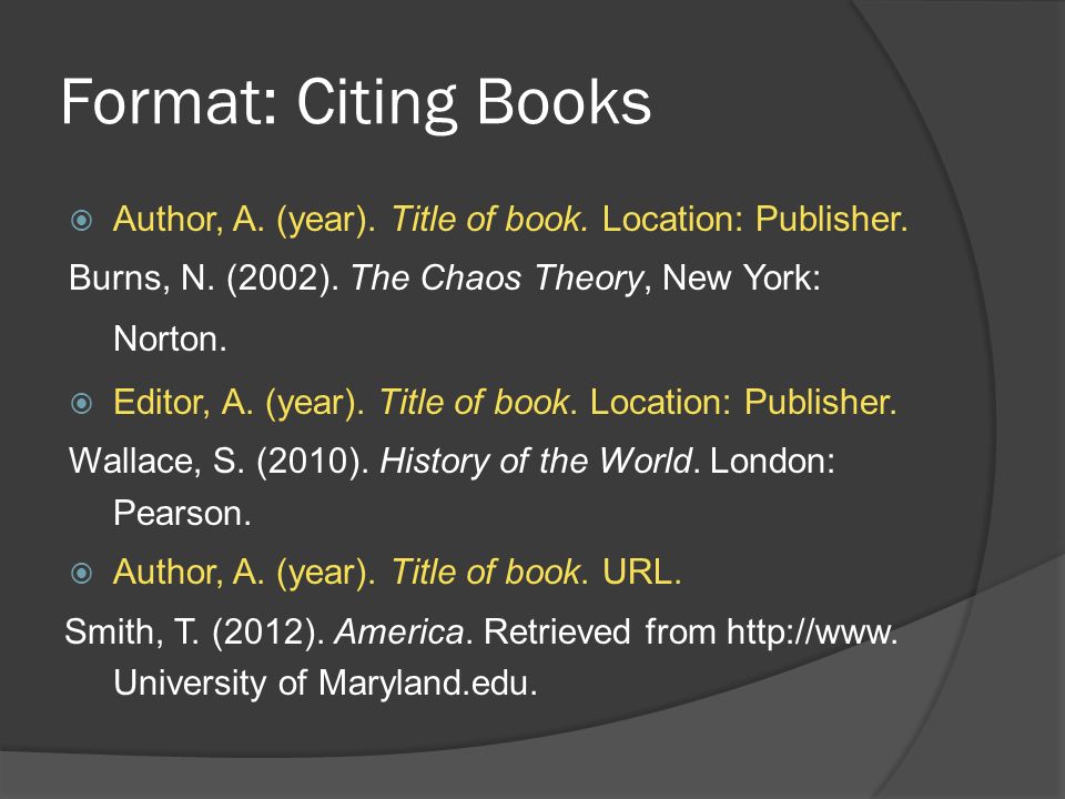 Format: Citing Books  Author, A. (year). Title of book.