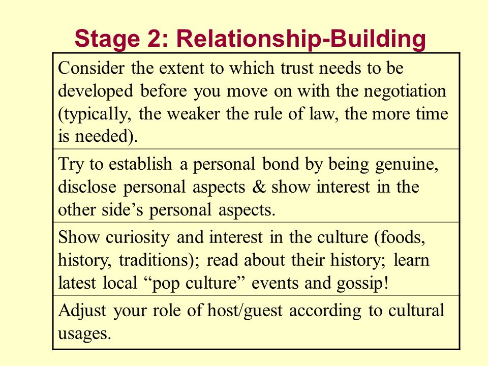 Stage 2: Relationship-Building Consider the extent to which trust needs to be developed before you move on with the negotiation (typically, the weaker the rule of law, the more time is needed).