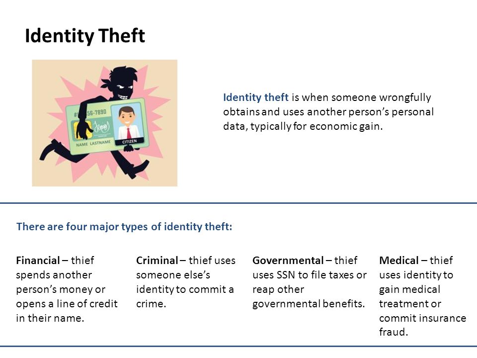 Identity Theft Identity theft is when someone wrongfully obtains and uses another person’s personal data, typically for economic gain.