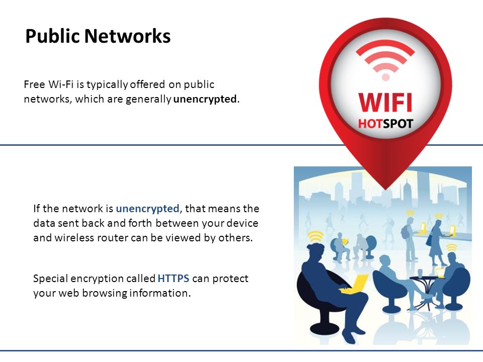 Public Networks Free Wi-Fi is typically offered on public networks, which are generally unencrypted.