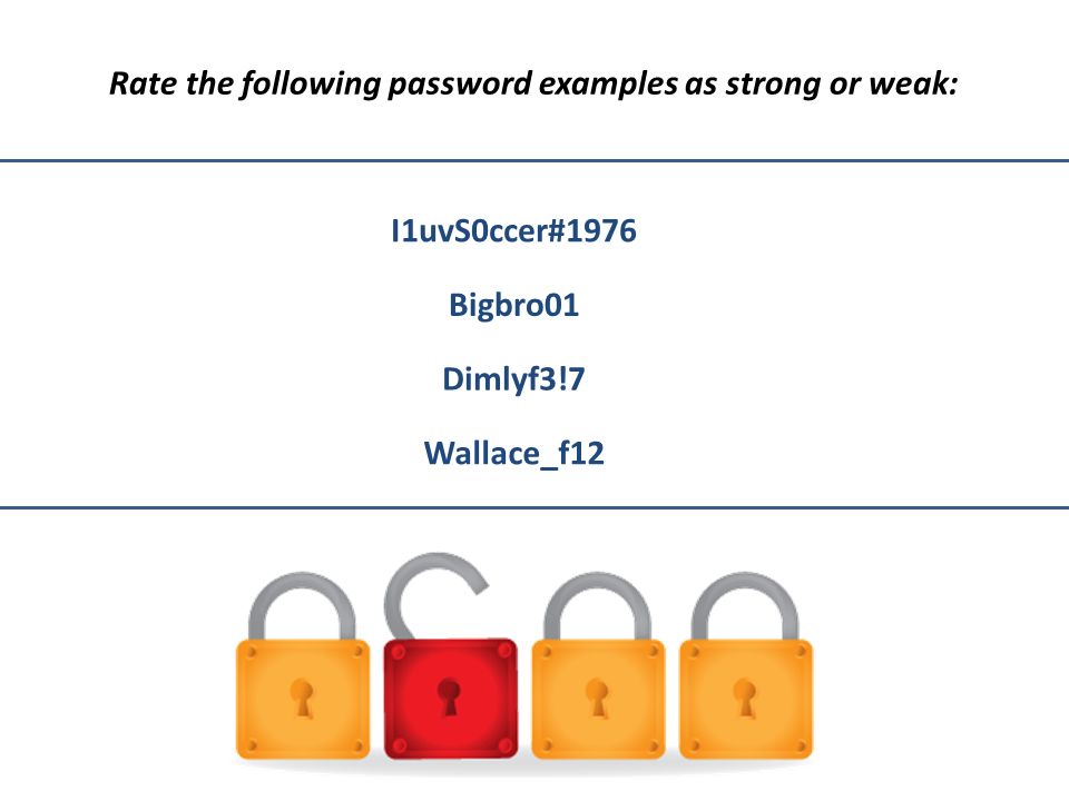 Rate the following password examples as strong or weak: I1uvS0ccer#1976 Bigbro01 Dimlyf3!7 Wallace_f12
