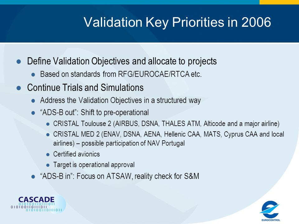 Validation Key Priorities in 2006 Define Validation Objectives and allocate to projects Based on standards from RFG/EUROCAE/RTCA etc.