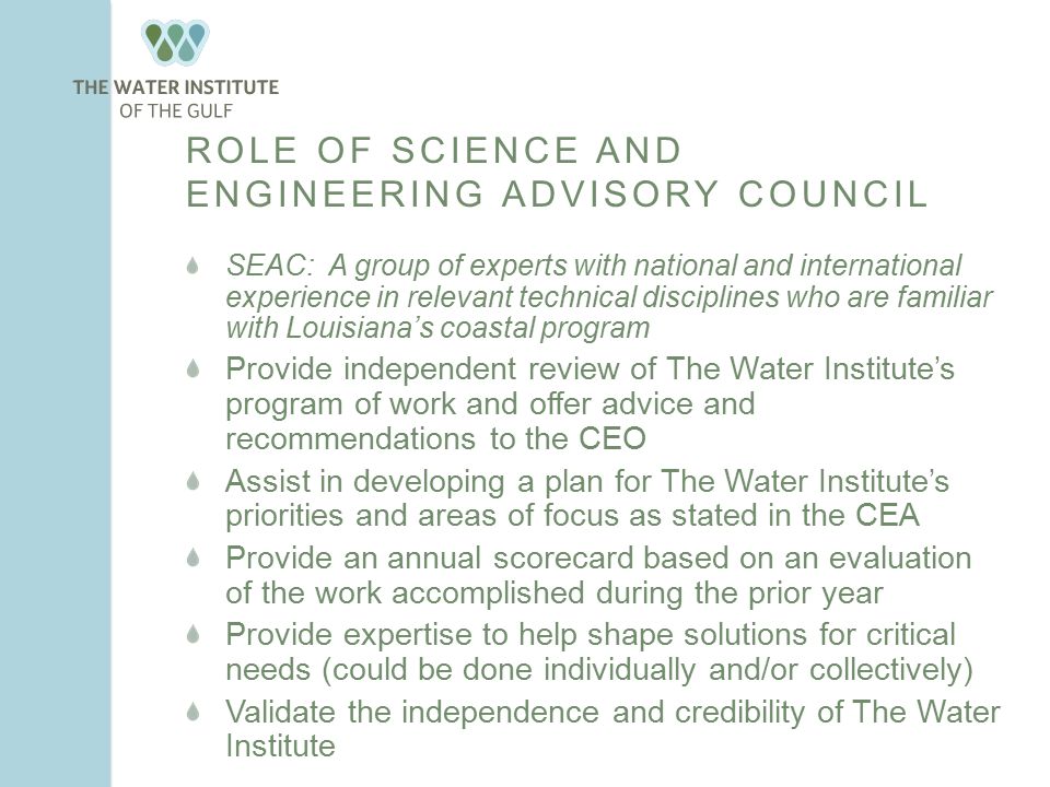ROLE OF SCIENCE AND ENGINEERING ADVISORY COUNCIL 13 SEAC: A group of experts with national and international experience in relevant technical disciplines who are familiar with Louisiana’s coastal program Provide independent review of The Water Institute’s program of work and offer advice and recommendations to the CEO Assist in developing a plan for The Water Institute’s priorities and areas of focus as stated in the CEA Provide an annual scorecard based on an evaluation of the work accomplished during the prior year Provide expertise to help shape solutions for critical needs (could be done individually and/or collectively) Validate the independence and credibility of The Water Institute