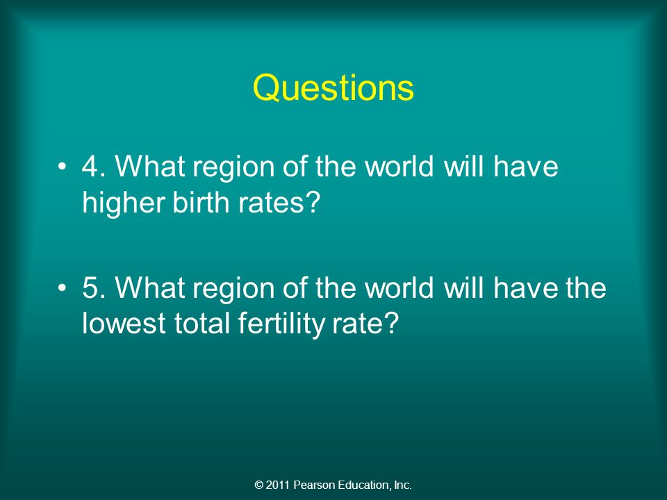 © 2011 Pearson Education, Inc. Questions 4. What region of the world will have higher birth rates.