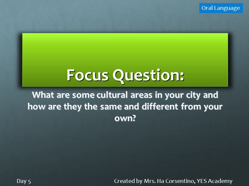 Focus Question: What are some cultural areas in your city and how are they the same and different from your own.