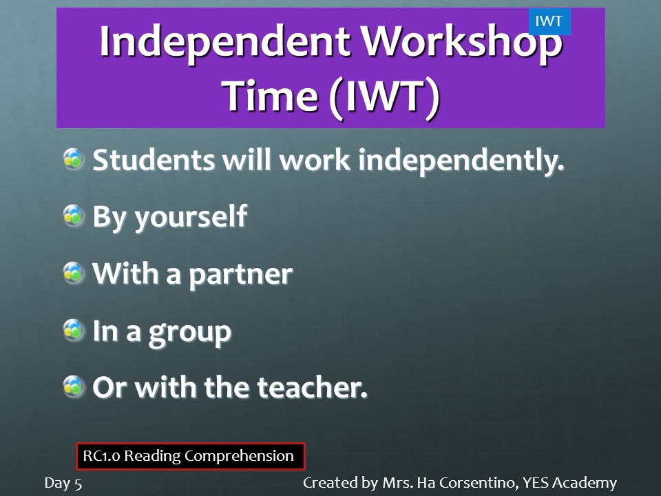 Independent Workshop Time (IWT) Students will work independently.