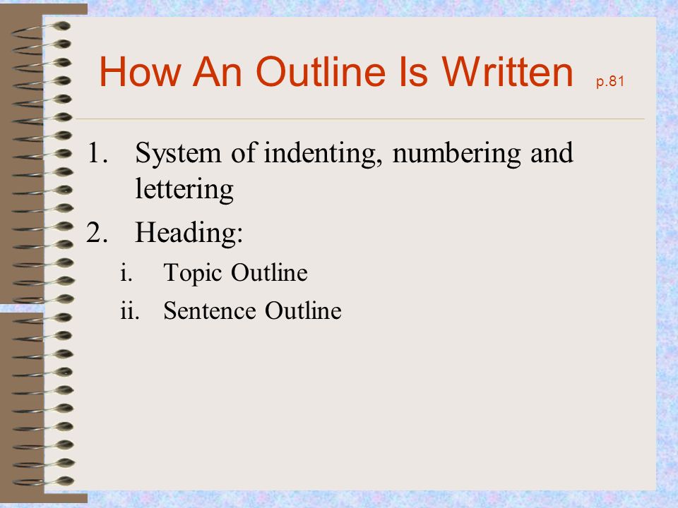 How An Outline Is Written p.81 1.System of indenting, numbering and lettering 2.Heading: i.Topic Outline ii.Sentence Outline