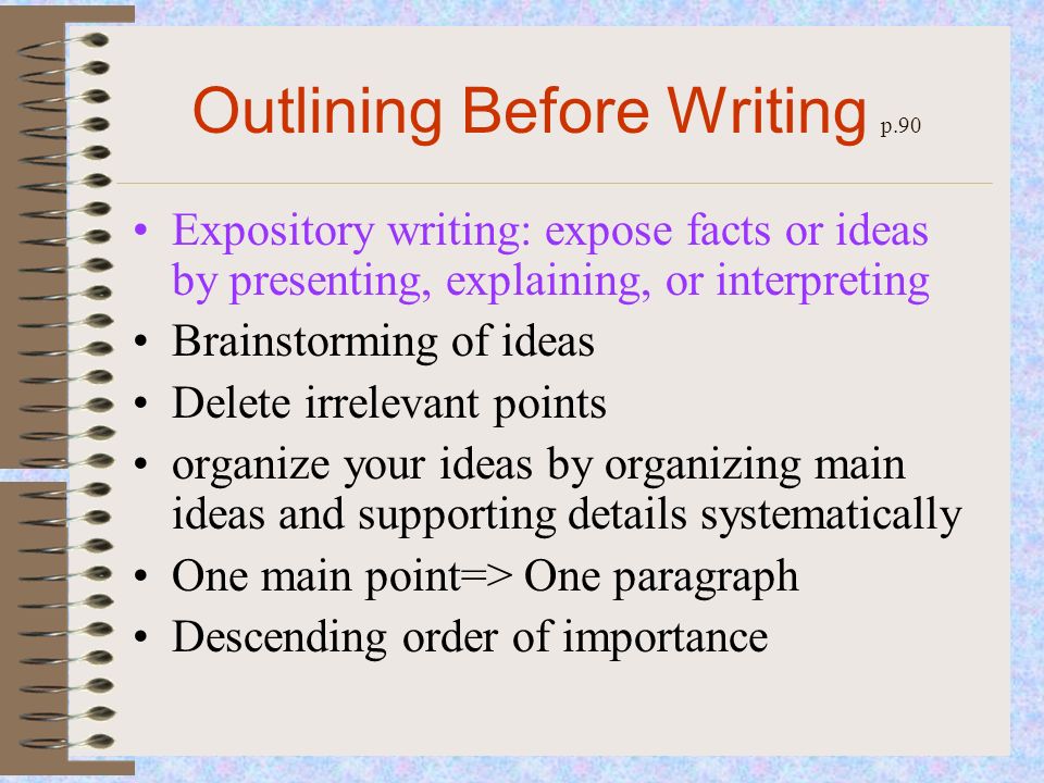 Outlining Before Writing p.90 Expository writing: expose facts or ideas by presenting, explaining, or interpreting Brainstorming of ideas Delete irrelevant points organize your ideas by organizing main ideas and supporting details systematically One main point=> One paragraph Descending order of importance