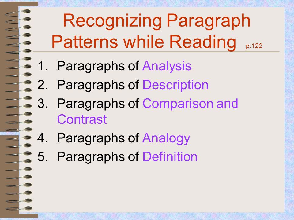 Recognizing Paragraph Patterns while Reading p Paragraphs of Analysis 2.Paragraphs of Description 3.Paragraphs of Comparison and Contrast 4.Paragraphs of Analogy 5.Paragraphs of Definition