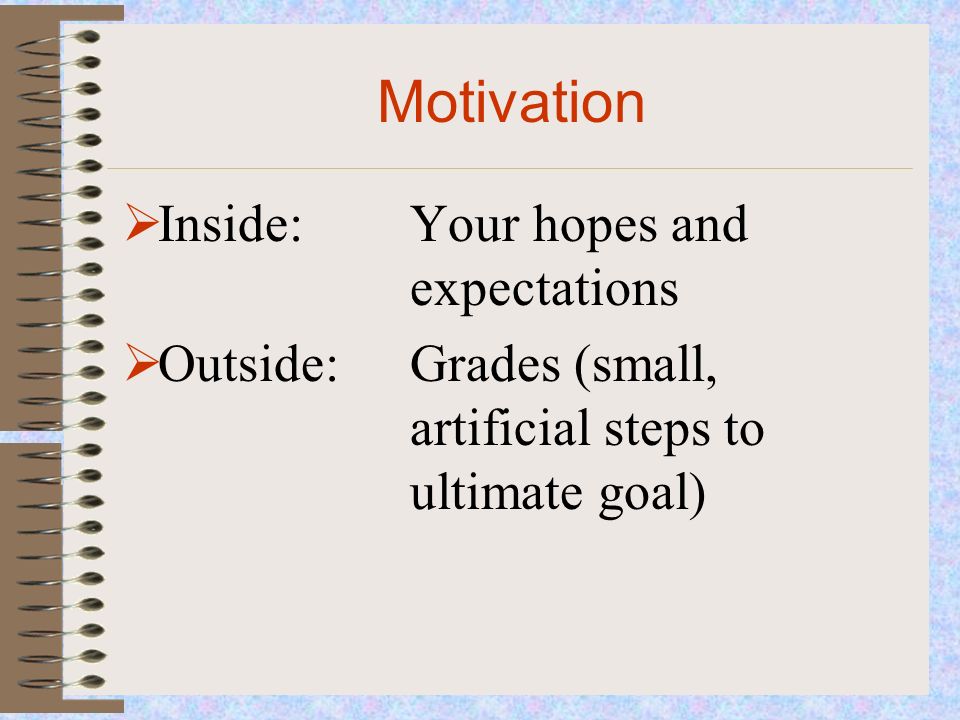 Motivation  Inside: Your hopes and expectations  Outside: Grades (small, artificial steps to ultimate goal)