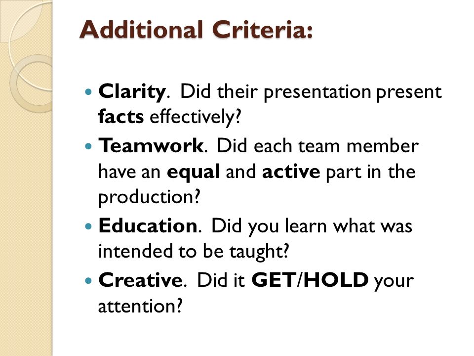 Additional Criteria: Clarity. Did their presentation present facts effectively.