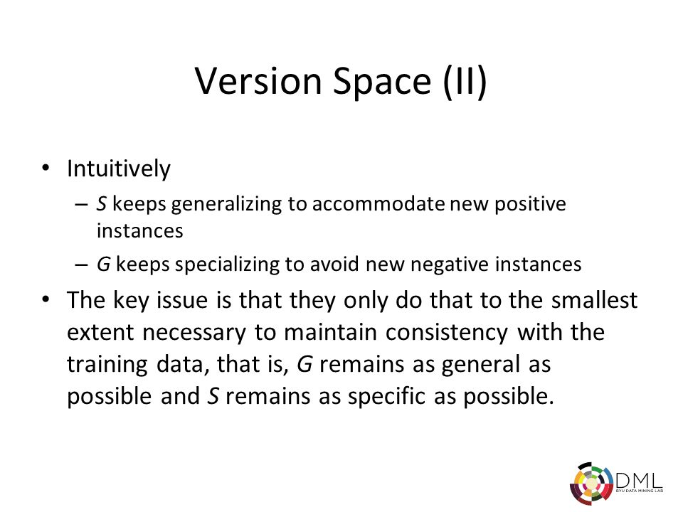 Version Space (II) Intuitively – S keeps generalizing to accommodate new positive instances – G keeps specializing to avoid new negative instances The key issue is that they only do that to the smallest extent necessary to maintain consistency with the training data, that is, G remains as general as possible and S remains as specific as possible.