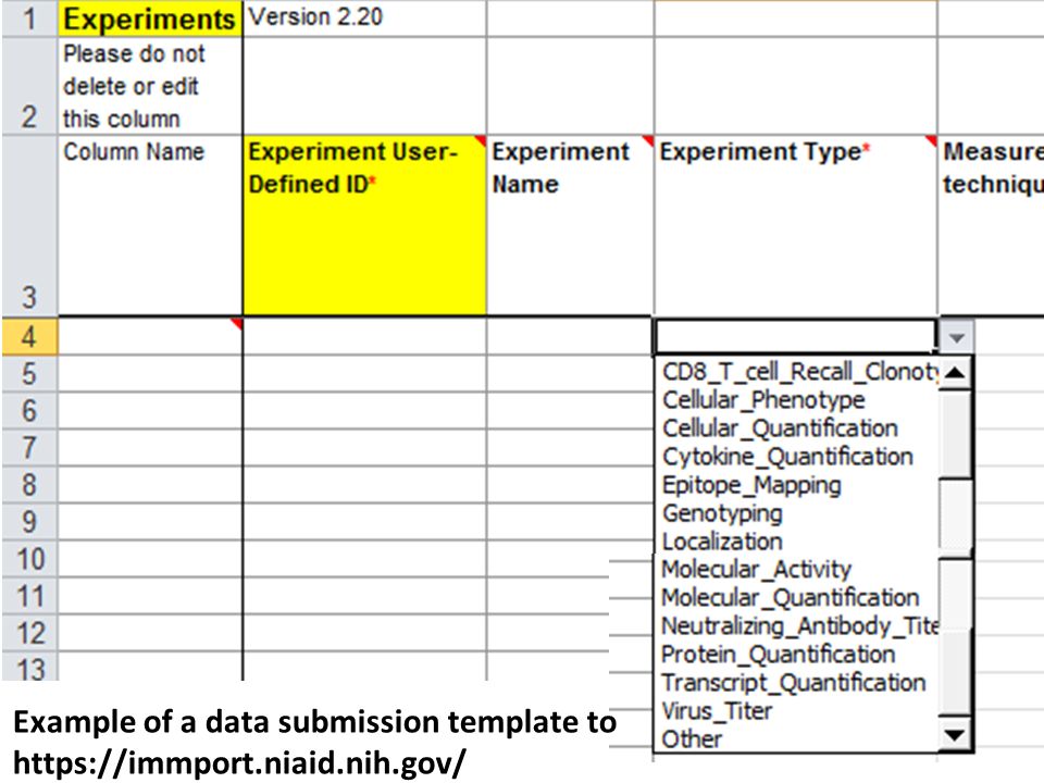 Example of a data submission template to