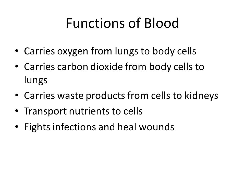 Functions of Blood Carries oxygen from lungs to body cells Carries carbon dioxide from body cells to lungs Carries waste products from cells to kidneys Transport nutrients to cells Fights infections and heal wounds