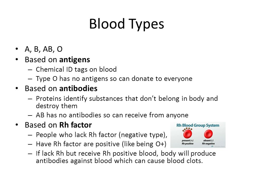 Blood Types A, B, AB, O Based on antigens – Chemical ID tags on blood – Type O has no antigens so can donate to everyone Based on antibodies – Proteins identify substances that don’t belong in body and destroy them – AB has no antibodies so can receive from anyone Based on Rh factor – People who lack Rh factor (negative type), – Have Rh factor are positive (like being O+) – If lack Rh but receive Rh positive blood, body will produce antibodies against blood which can cause blood clots.
