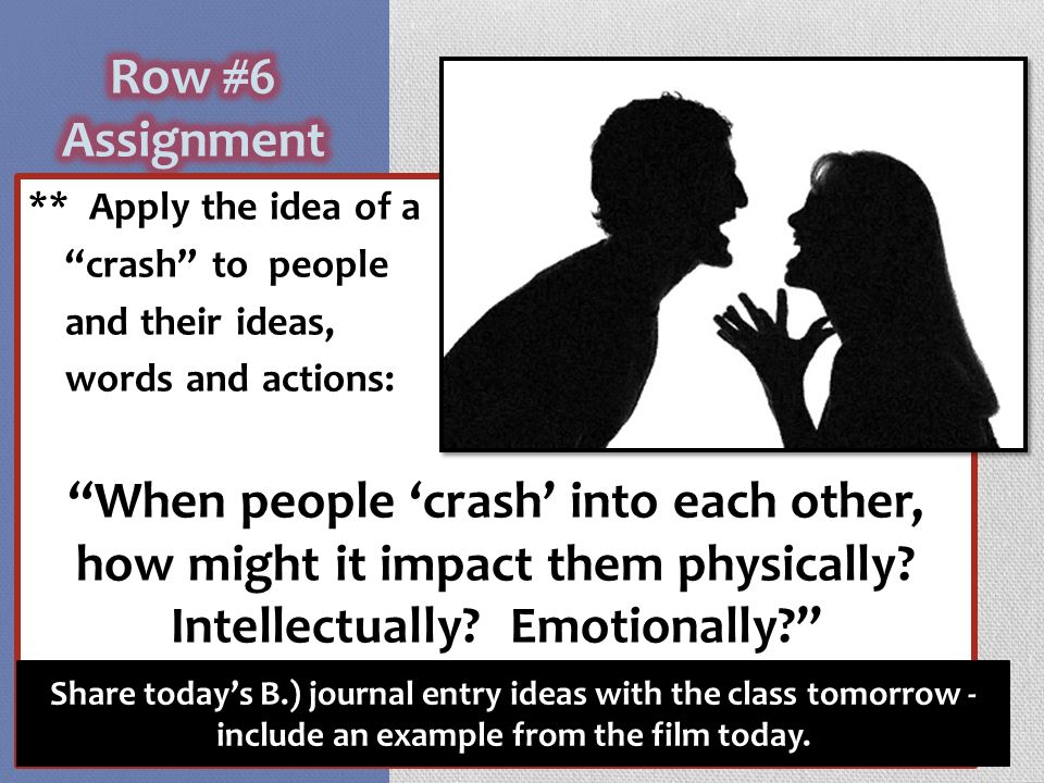 ** Apply the idea of a crash to people and their ideas, words and actions: When people ‘crash’ into each other, how might it impact them physically.