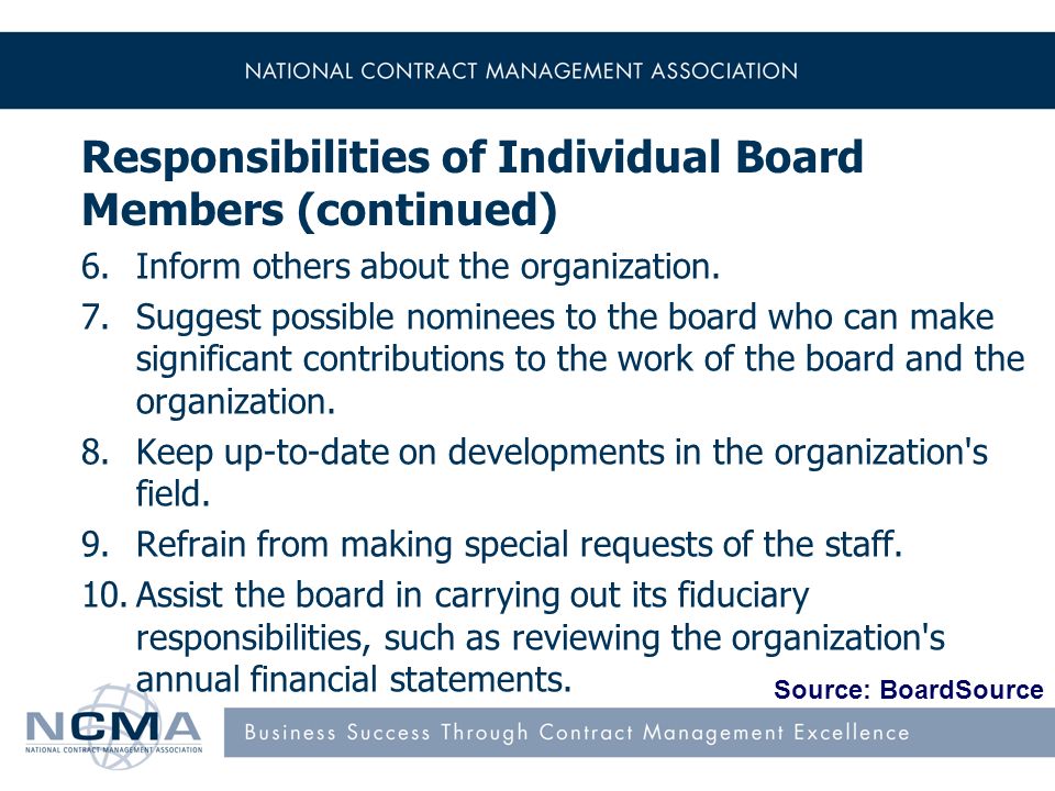 Responsibilities of Individual Board Members (continued) 6.Inform others about the organization.