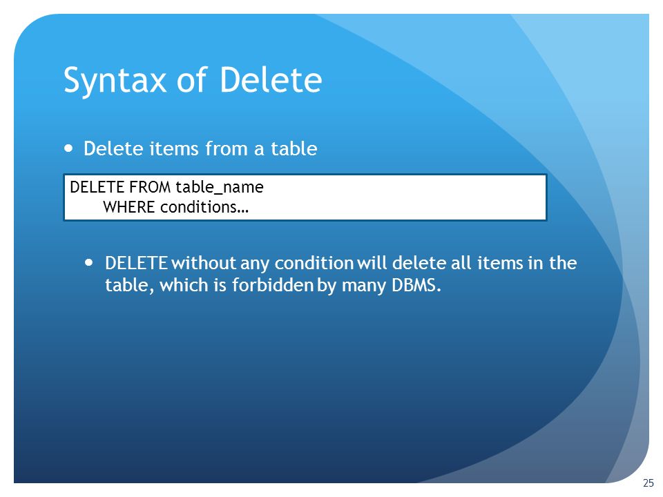 Syntax of Delete 25 Delete items from a table DELETE without any condition will delete all items in the table, which is forbidden by many DBMS.