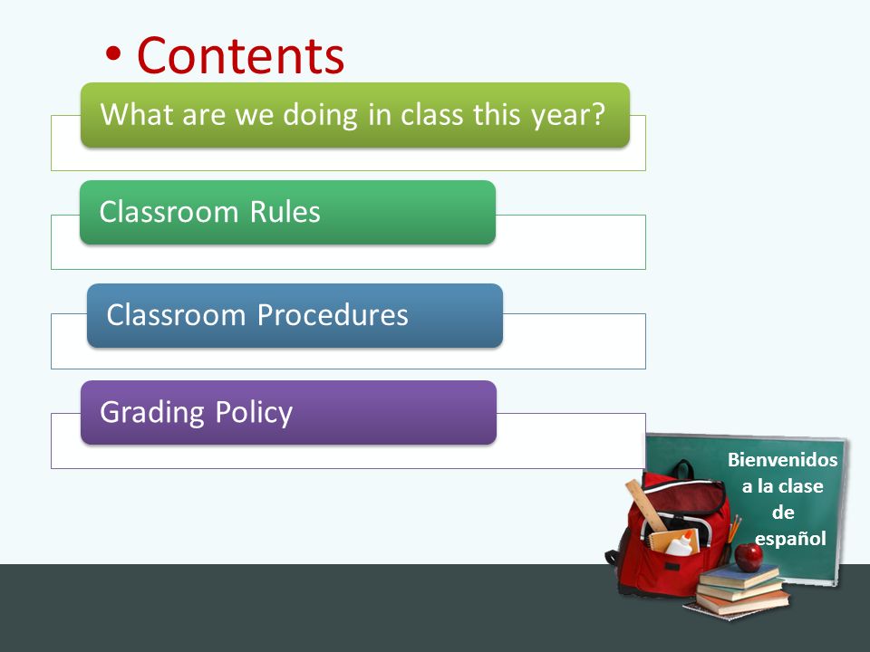 What are we doing in class this year Classroom RulesClassroom ProceduresGrading Policy Contents Bienvenidos a la clase de español