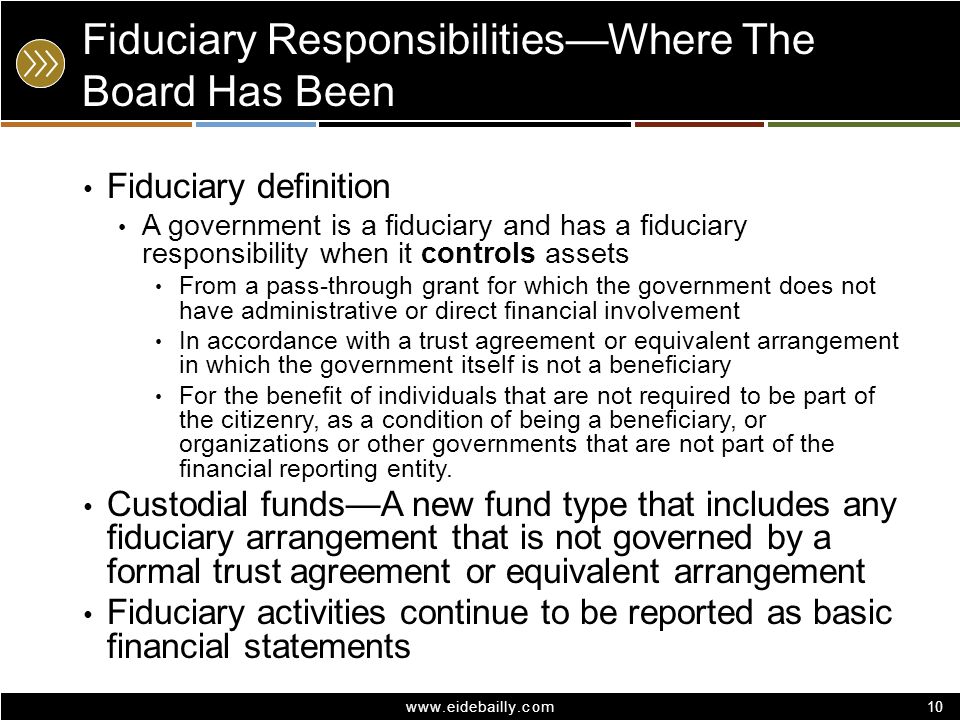 10 Fiduciary Responsibilities—Where The Board Has Been Fiduciary definition A government is a fiduciary and has a fiduciary responsibility when it controls assets From a pass-through grant for which the government does not have administrative or direct financial involvement In accordance with a trust agreement or equivalent arrangement in which the government itself is not a beneficiary For the benefit of individuals that are not required to be part of the citizenry, as a condition of being a beneficiary, or organizations or other governments that are not part of the financial reporting entity.