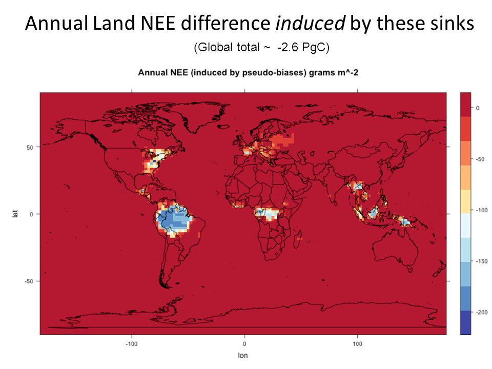 Annual Land NEE difference induced by these sinks (Global total ~ -2.6 PgC)