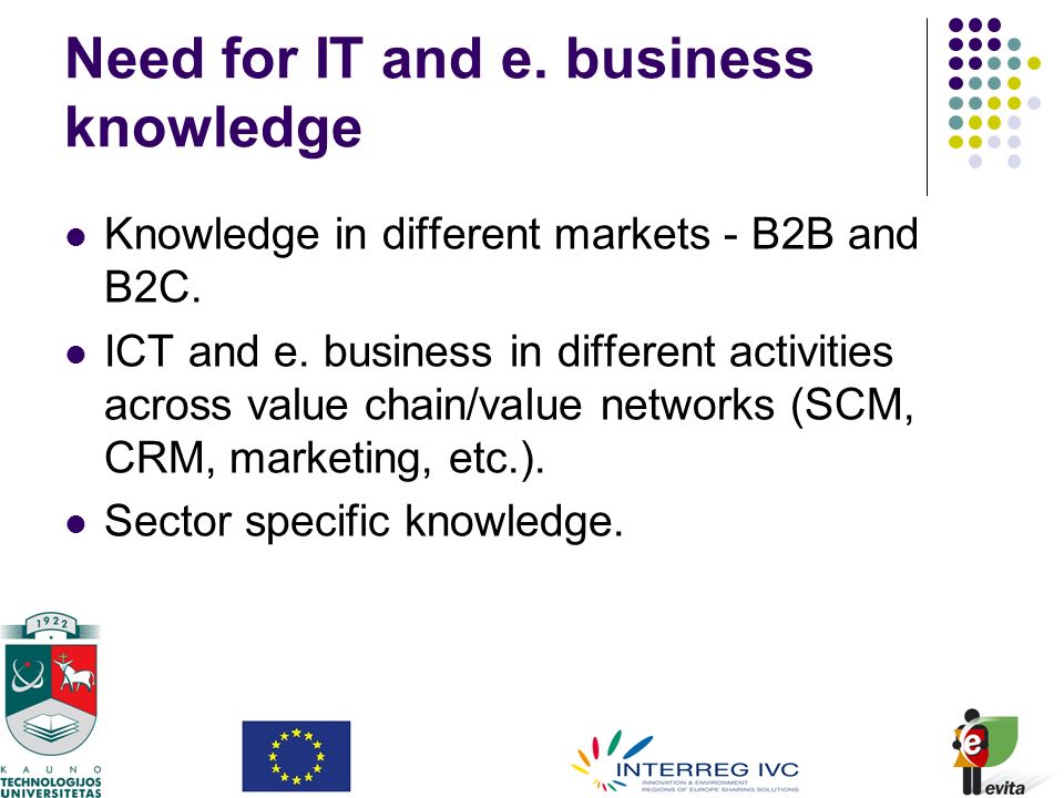 Need for IT and e. business knowledge Knowledge in different markets - B2B and B2C.