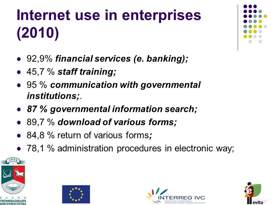 Internet use in enterprises (2010) 92,9% financial services (e.