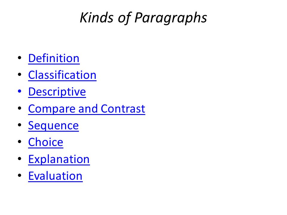 Kinds of Paragraphs Definition Classification Descriptive Compare and Contrast Sequence Choice Explanation Evaluation
