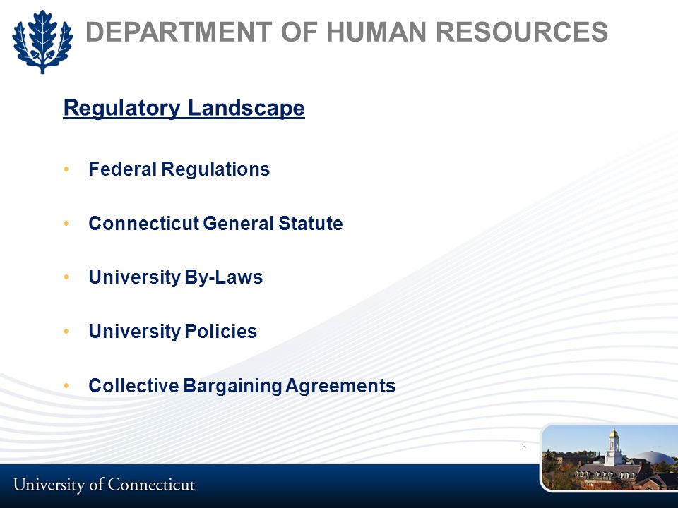 DEPARTMENT OF HUMAN RESOURCES Regulatory Landscape Federal Regulations Connecticut General Statute University By-Laws University Policies Collective Bargaining Agreements 3