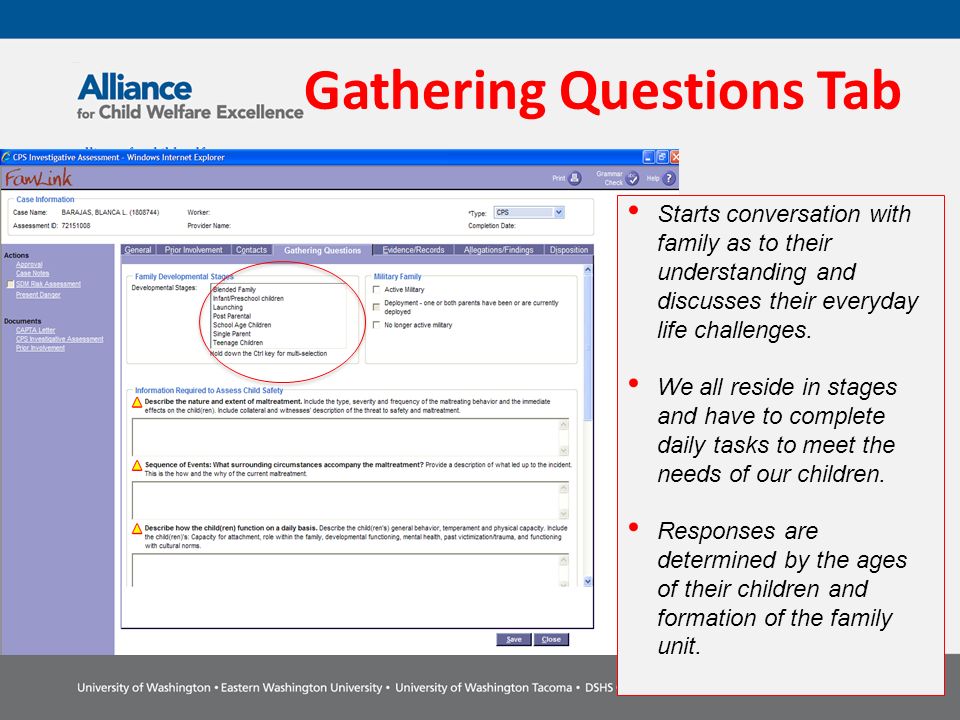 Gathering Questions Tab Starts conversation with family as to their understanding and discusses their everyday life challenges.