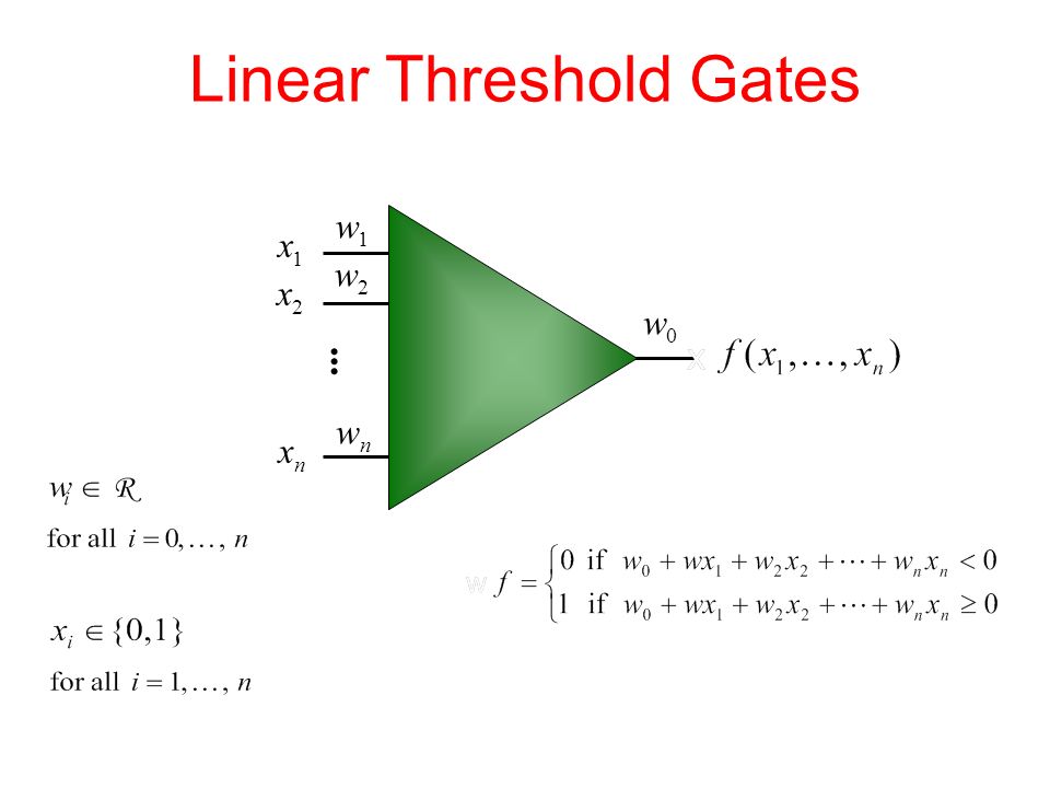 Linear Threshold Gates 1 x 2 x n x 1 w 2 w n w 0 w...