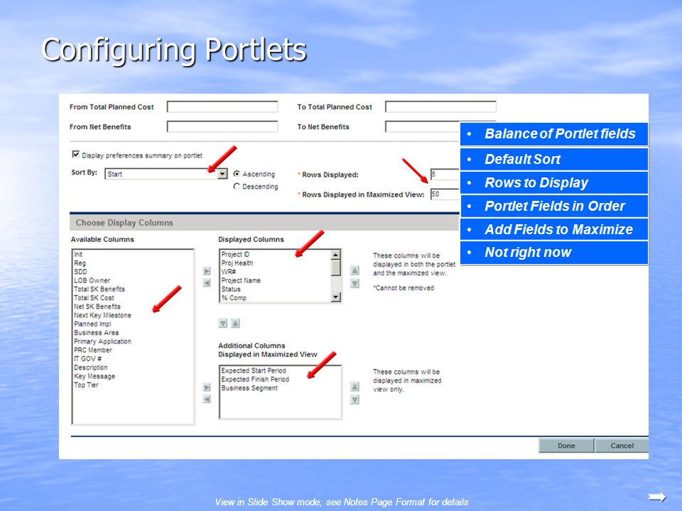 Configuring Portlets Balance of Portlet fields Default Sort Rows to Display Portlet Fields in Order Add Fields to Maximize Not right now View in Slide Show mode; see Notes Page Format for details