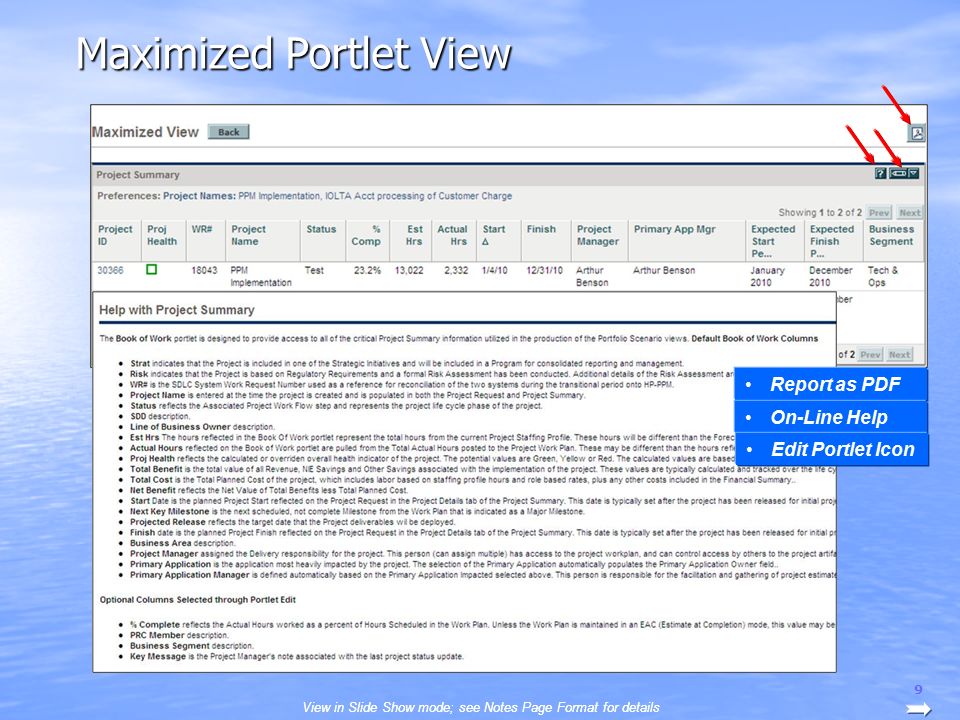 9 Maximized Portlet View Report as PDF On-Line Help Edit Portlet Icon View in Slide Show mode; see Notes Page Format for details