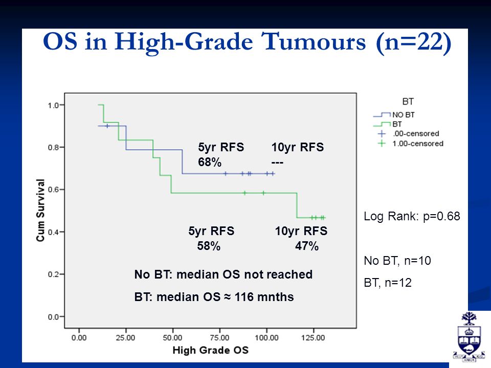 5yr RFS 10yr RFS 68% --- Log Rank: p=0.68 No BT, n=10 BT, n=12 No BT: median OS not reached BT: median OS ≈ 116 mnths 5yr RFS 10yr RFS 58%47% OS in High-Grade Tumours (n=22)