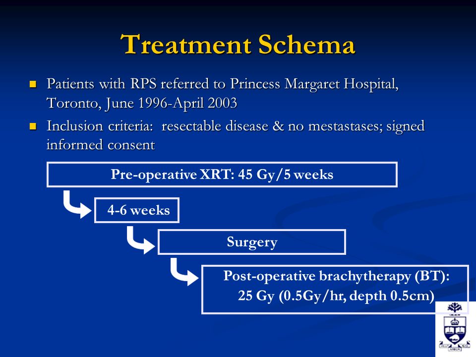 Treatment Schema Patients with RPS referred to Princess Margaret Hospital, Toronto, June 1996-April 2003 Patients with RPS referred to Princess Margaret Hospital, Toronto, June 1996-April 2003 Inclusion criteria: resectable disease & no mestastases; signed informed consent Inclusion criteria: resectable disease & no mestastases; signed informed consent Pre-operative XRT: 45 Gy/5 weeks 4-6 weeks Surgery Post-operative brachytherapy (BT): 25 Gy (0.5Gy/hr, depth 0.5cm)