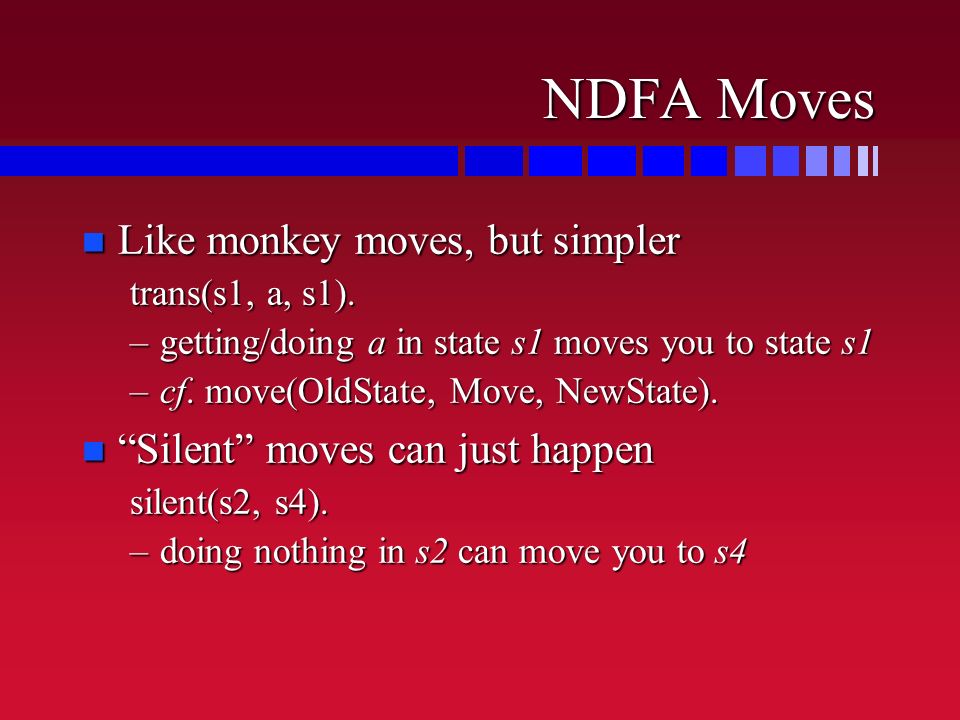NDFA Moves n Like monkey moves, but simpler trans(s1, a, s1).