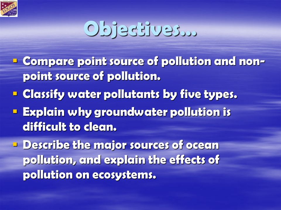 Objectives…  Compare point source of pollution and non- point source of pollution.