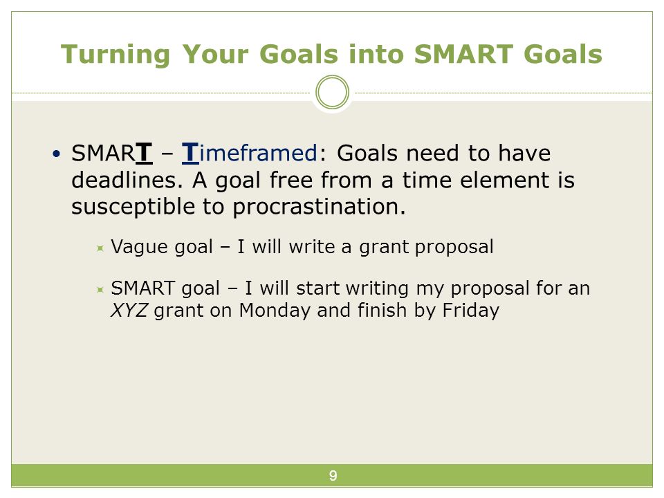 9 SMAR T – T imeframed: Goals need to have deadlines.