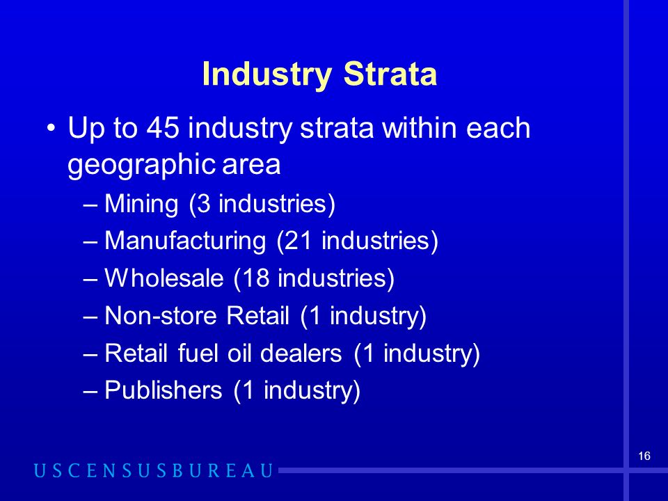 16 Industry Strata Up to 45 industry strata within each geographic area –Mining (3 industries) –Manufacturing (21 industries) –Wholesale (18 industries) –Non-store Retail (1 industry) –Retail fuel oil dealers (1 industry) –Publishers (1 industry)