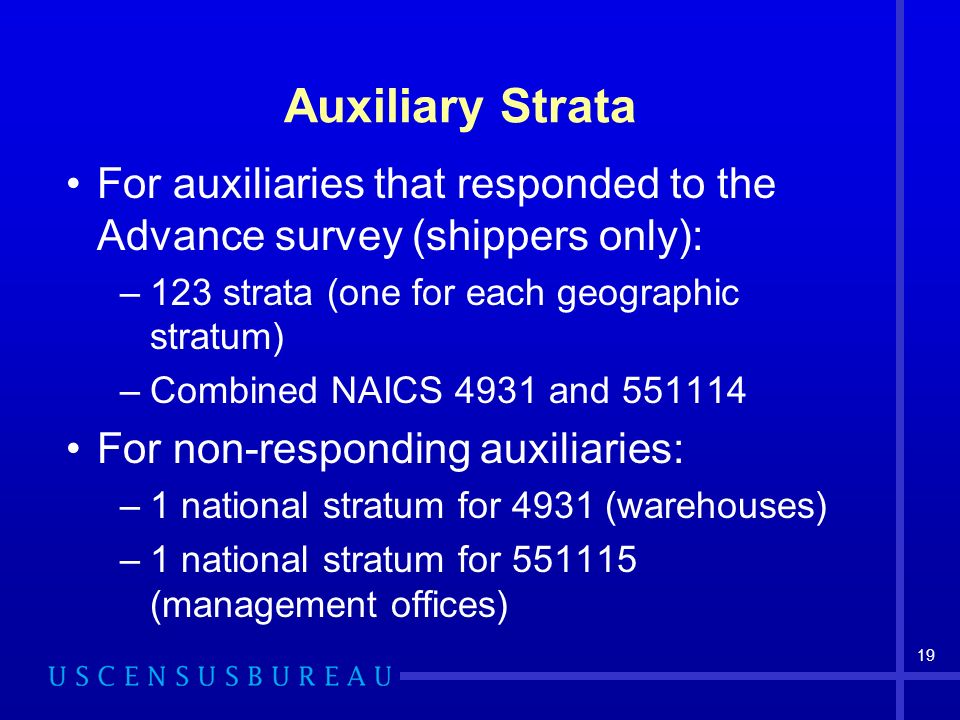 19 Auxiliary Strata For auxiliaries that responded to the Advance survey (shippers only): –123 strata (one for each geographic stratum) –Combined NAICS 4931 and For non-responding auxiliaries: –1 national stratum for 4931 (warehouses) –1 national stratum for (management offices)