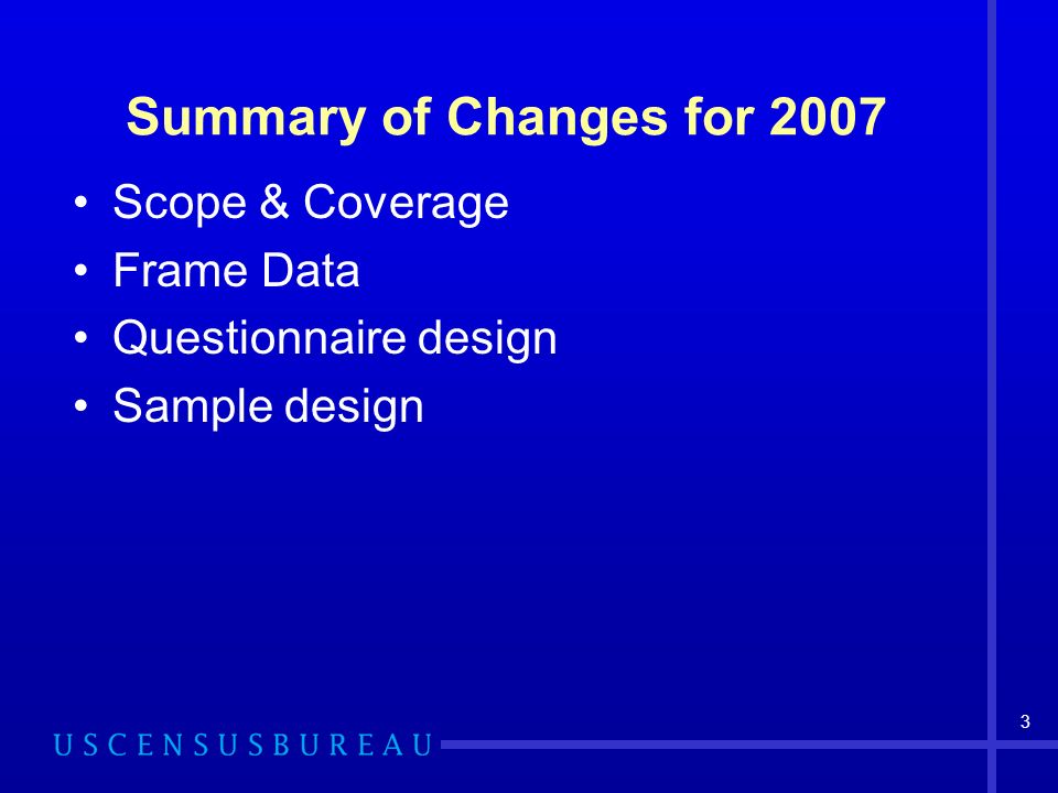 3 Summary of Changes for 2007 Scope & Coverage Frame Data Questionnaire design Sample design