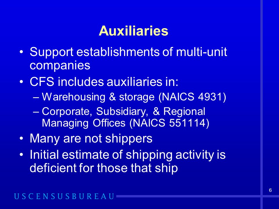 6 Auxiliaries Support establishments of multi-unit companies CFS includes auxiliaries in: –Warehousing & storage (NAICS 4931) –Corporate, Subsidiary, & Regional Managing Offices (NAICS ) Many are not shippers Initial estimate of shipping activity is deficient for those that ship