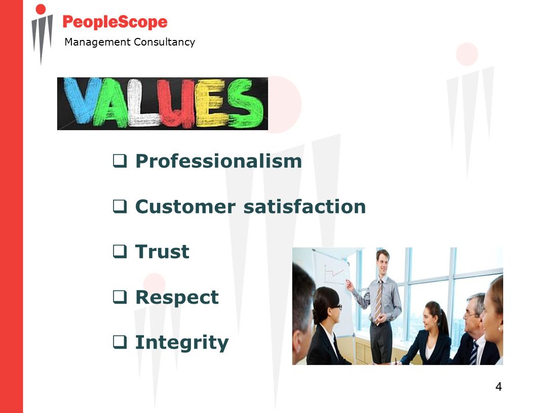 4 Management Consultancy  Professionalism  Customer satisfaction  Trust  Respect  Integrity