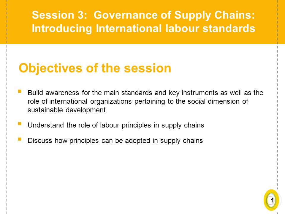 1 Objectives of the session  Build awareness for the main standards and key instruments as well as the role of international organizations pertaining to the social dimension of sustainable development  Understand the role of labour principles in supply chains  Discuss how principles can be adopted in supply chains Session 3: Governance of Supply Chains: Introducing International labour standards