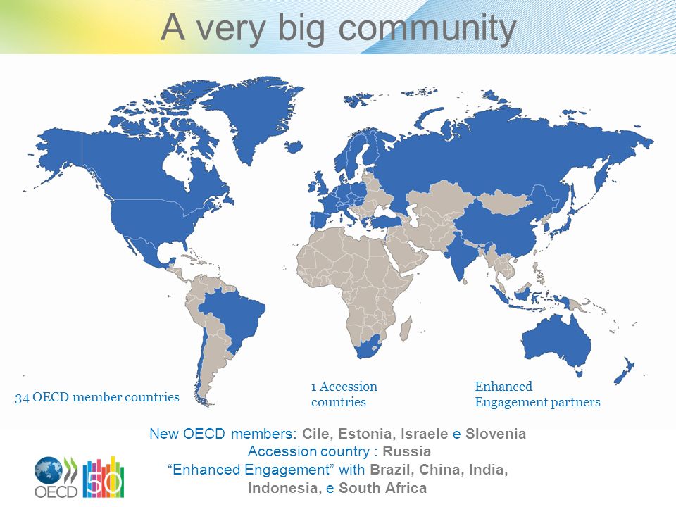 A very big community New OECD members: Cile, Estonia, Israele e Slovenia Accession country : Russia Enhanced Engagement with Brazil, China, India, Indonesia, e South Africa 34 OECD member countries 1 Accession countries Enhanced Engagement partners